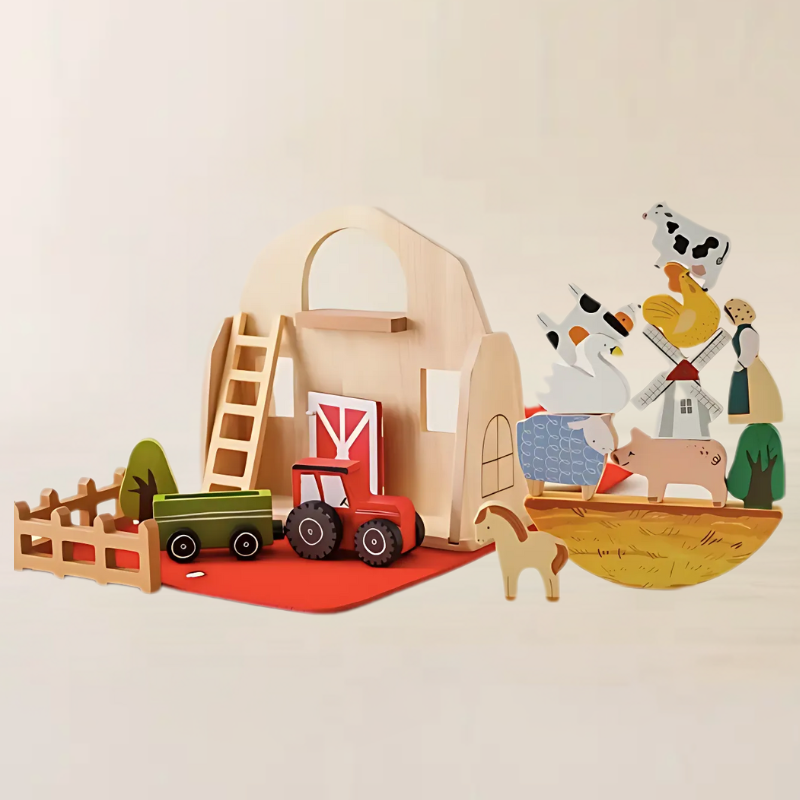 Portable Barn Case - Wooden Farm Animals Blocks Set