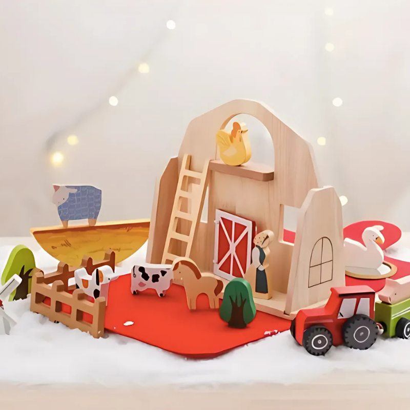 Portable Barn Case - Wooden Farm Animals Blocks Set