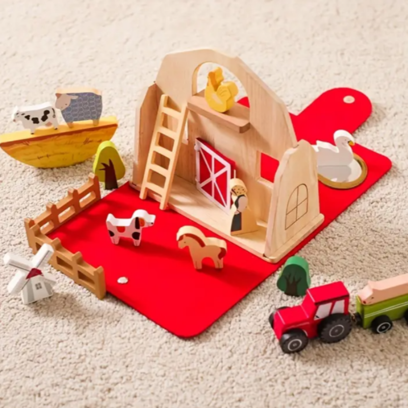 Portable Barn Case - Wooden Farm Animals Blocks Set